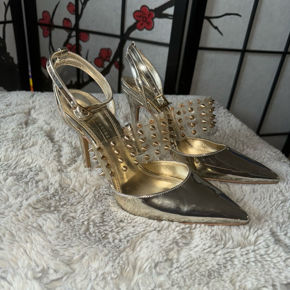 ASOS DESIGN Punk studded stiletto heels in gold and clear